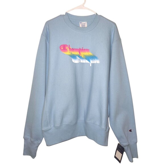 Champion Sweater Mens Large Reverse Weave Light Blue Logo Crew Neck Long Sleeve - Picture 1 of 5